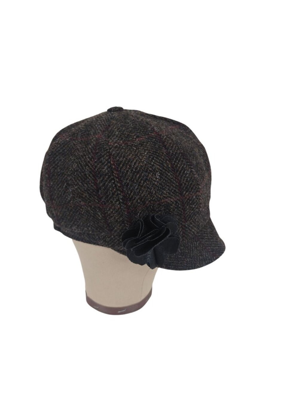 Mucros Weavers Brown Plaid Wool Newsboy Cap Black Rosette Tweed